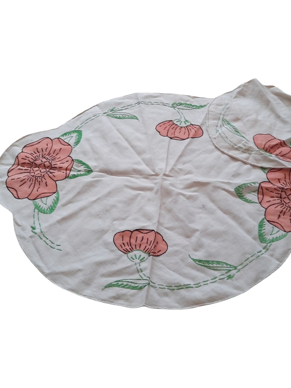 Hand-Printed Round Table Accent with Pink Floral Motif